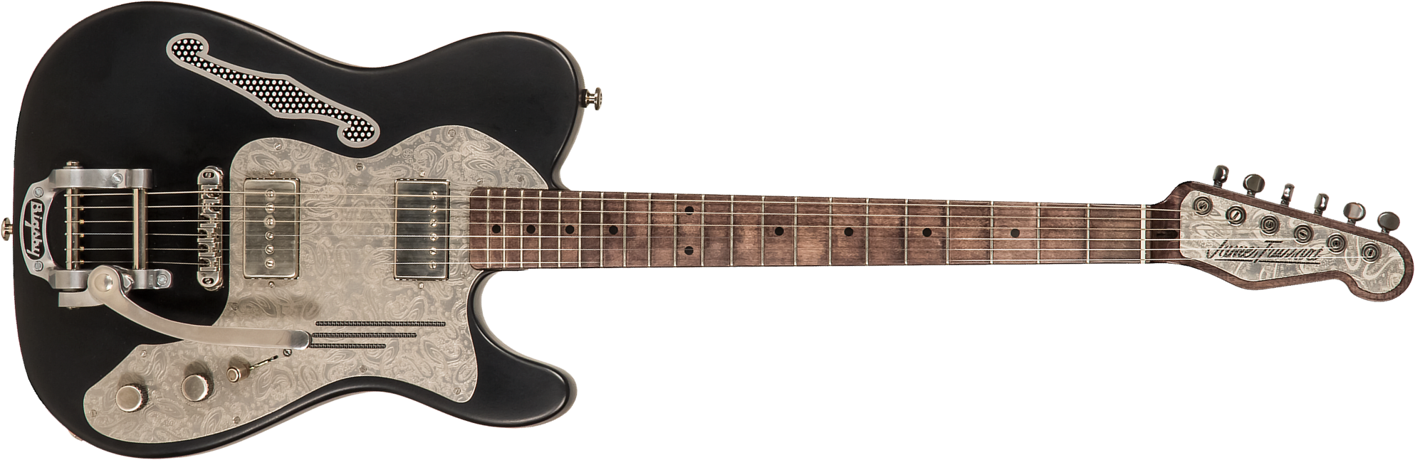 James Trussart Deluxe Steelcaster Perf.back P90h Bigsby Mn #21132 - Antique Silver Paisley Engraved Satin Black - Guitare Électrique Forme Tel - Main 