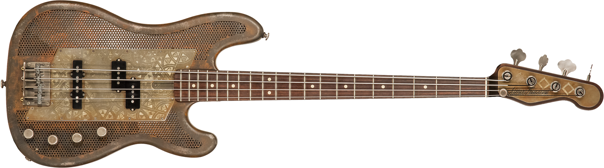 James Trussart Steelcaster Bass Perforated Active Pf #19045 - Rust O Matic African Engraved - Basse Électrique Solid Body - Main picture