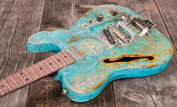 Guitare électrique solid body James trussart Deluxe SteelCaster Blue Moon #22099 - titanic green gator