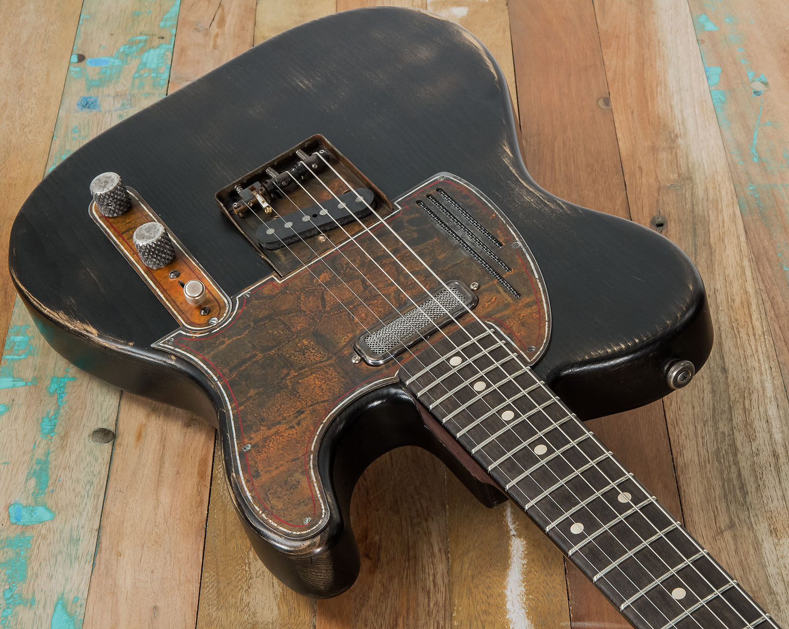 James Trussart Steelguardcaster Glaser B Bender Sh Ht Eb #21062 - Rust O Matic Pinstriped Black Nitro - Guitare Électrique Forme Tel - Variation 2