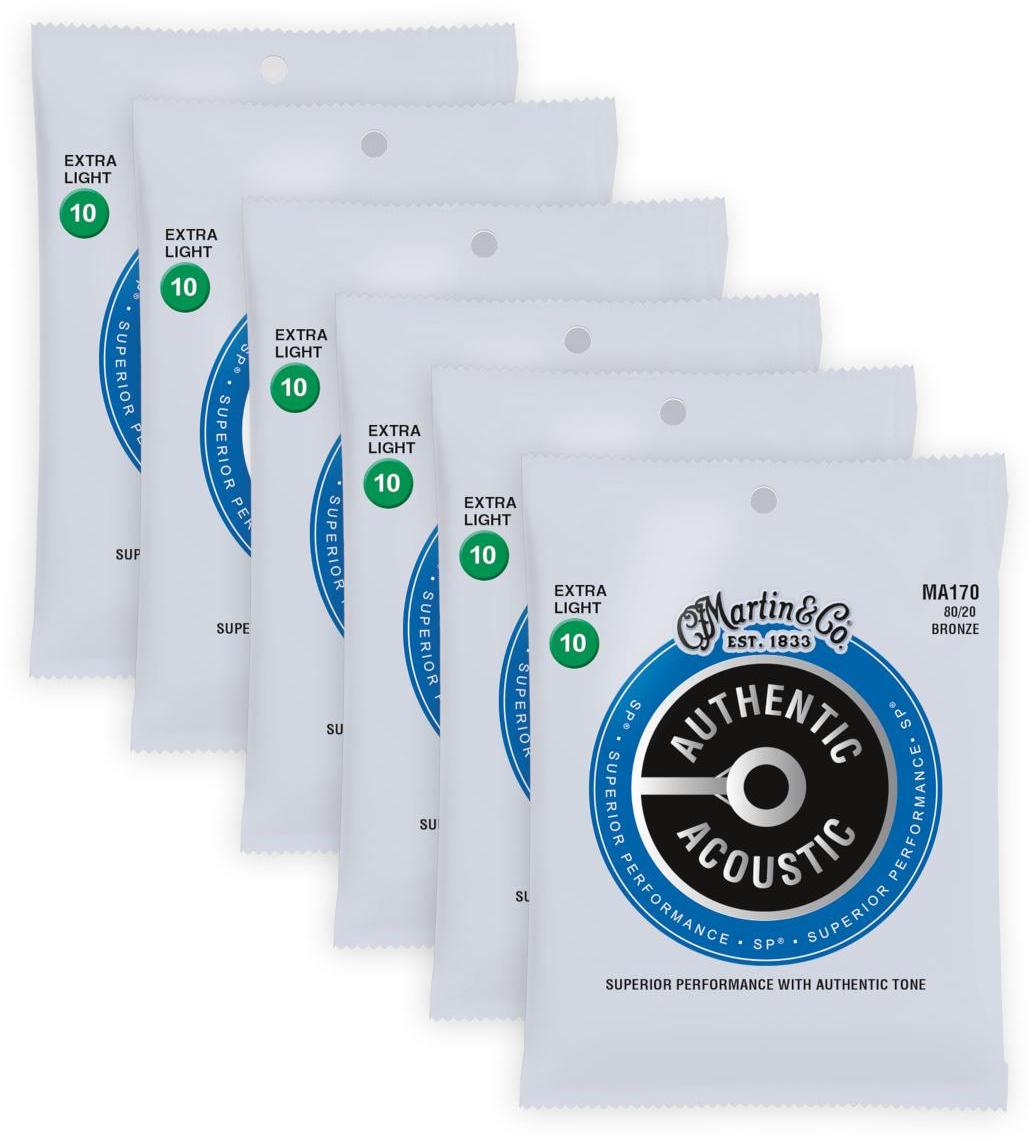 Cordes guitare acoustique Martin MA170 AUTHENTIC ACOUSTIC SP 80/20 BRONZE GUITAR STRINGS 10-47 Pack De 6 Jeux