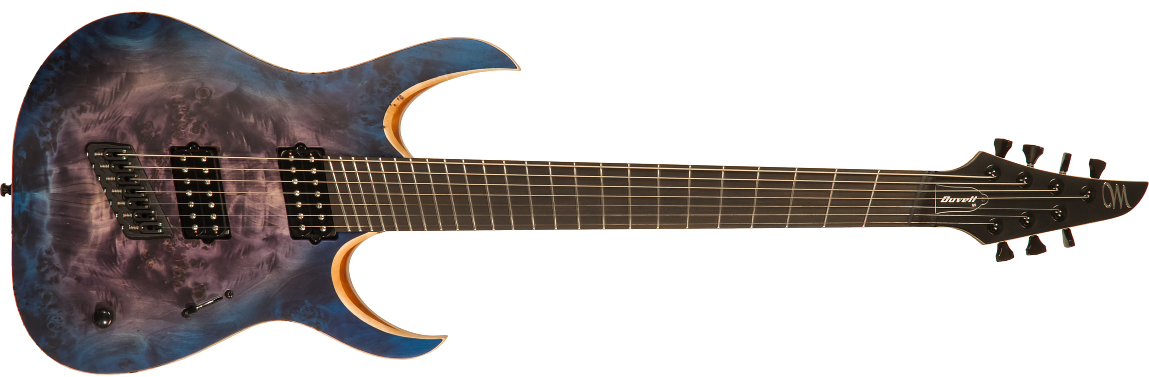 Mayones Guitars Duvell Elite V-frets 7c Hh Bare Knuckle Ht Eb - Jeans Black 3-tone Blue Burst Satin - Guitare Électrique Multi-scale - Main picture