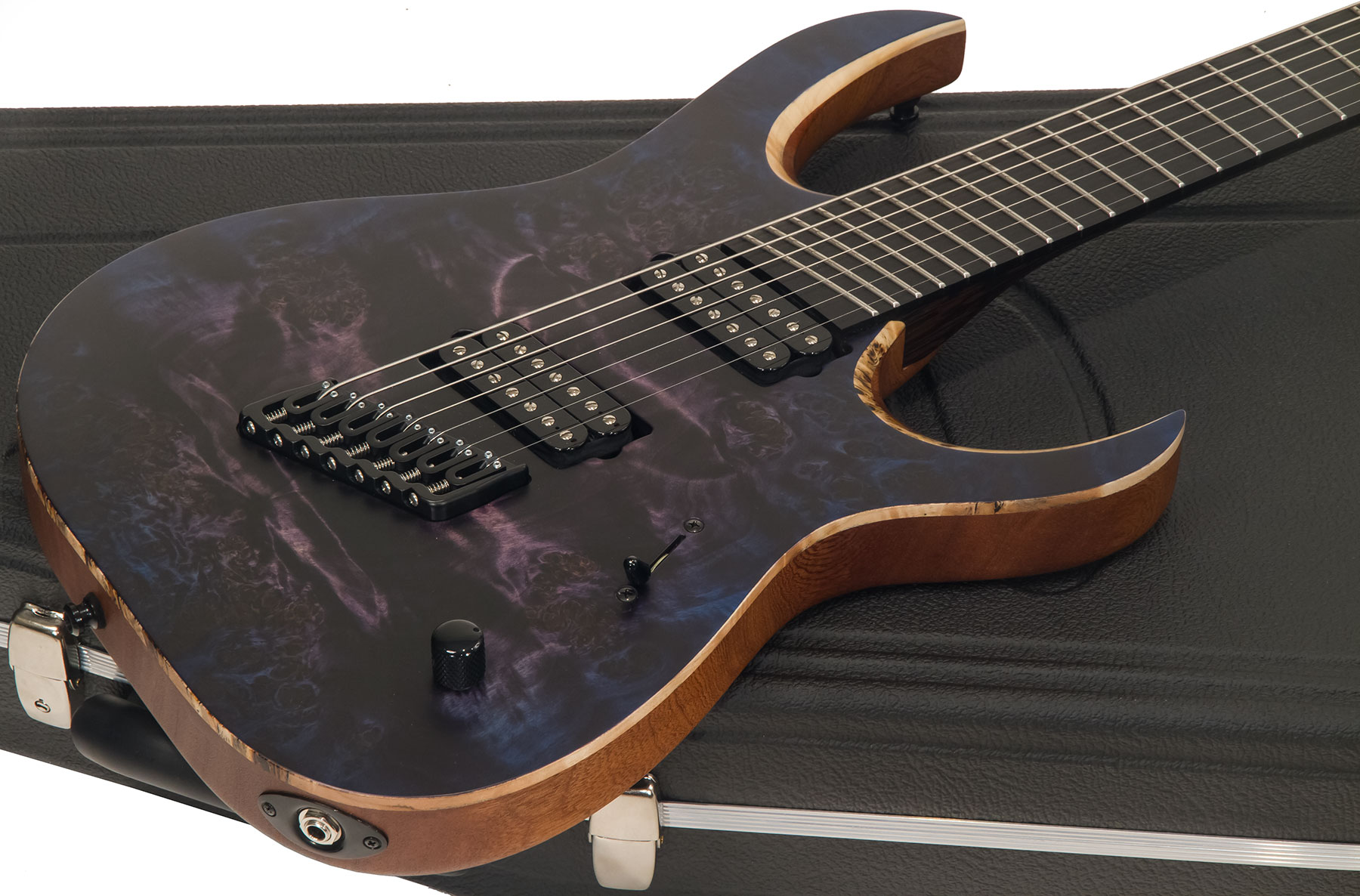 Mayones Guitars Duvell Elite V-frets 7c Multiscale 2h Bare Knuckle Ht Eb - Dirty Purple Blue Burst - Guitare Électrique Multi-scale - Variation 1