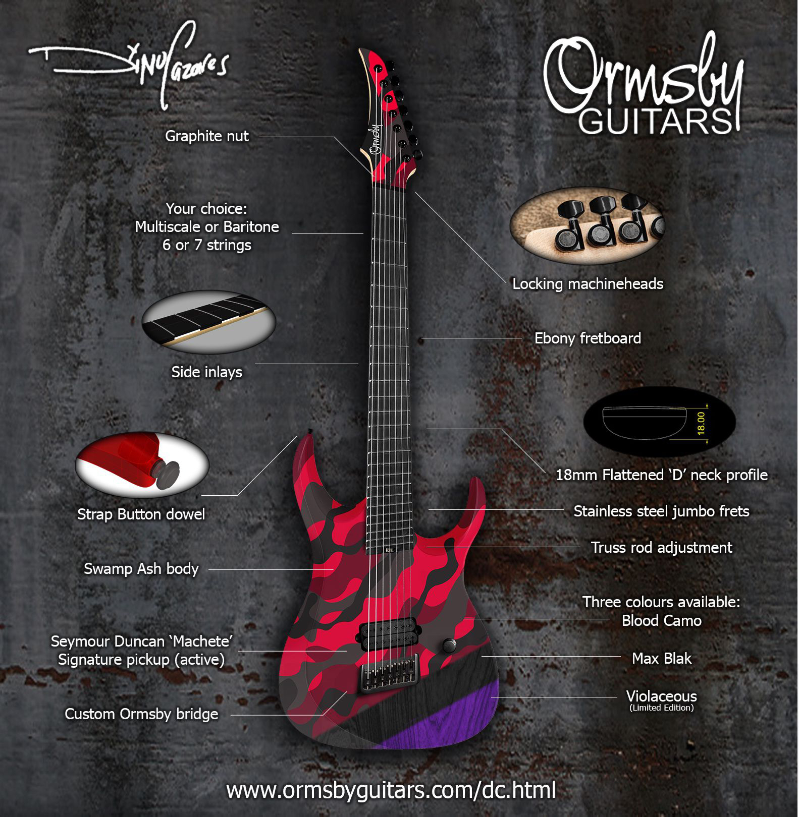 Ormsby Dino Cazares Dc Gtr 7c Signature Baritone H Seymour Duncan Ht Eb - Red Camo - Guitare Électrique 7 Cordes - Variation 5