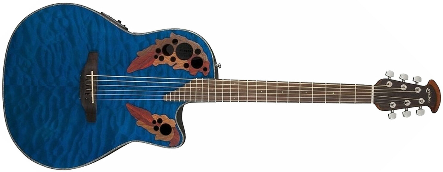 Ovation Ce44p-8tq Celebrity Elite Plus Mid Depth Cw Erable Lyrachord Rw - Trans Blue - Guitare Electro Acoustique - Main picture