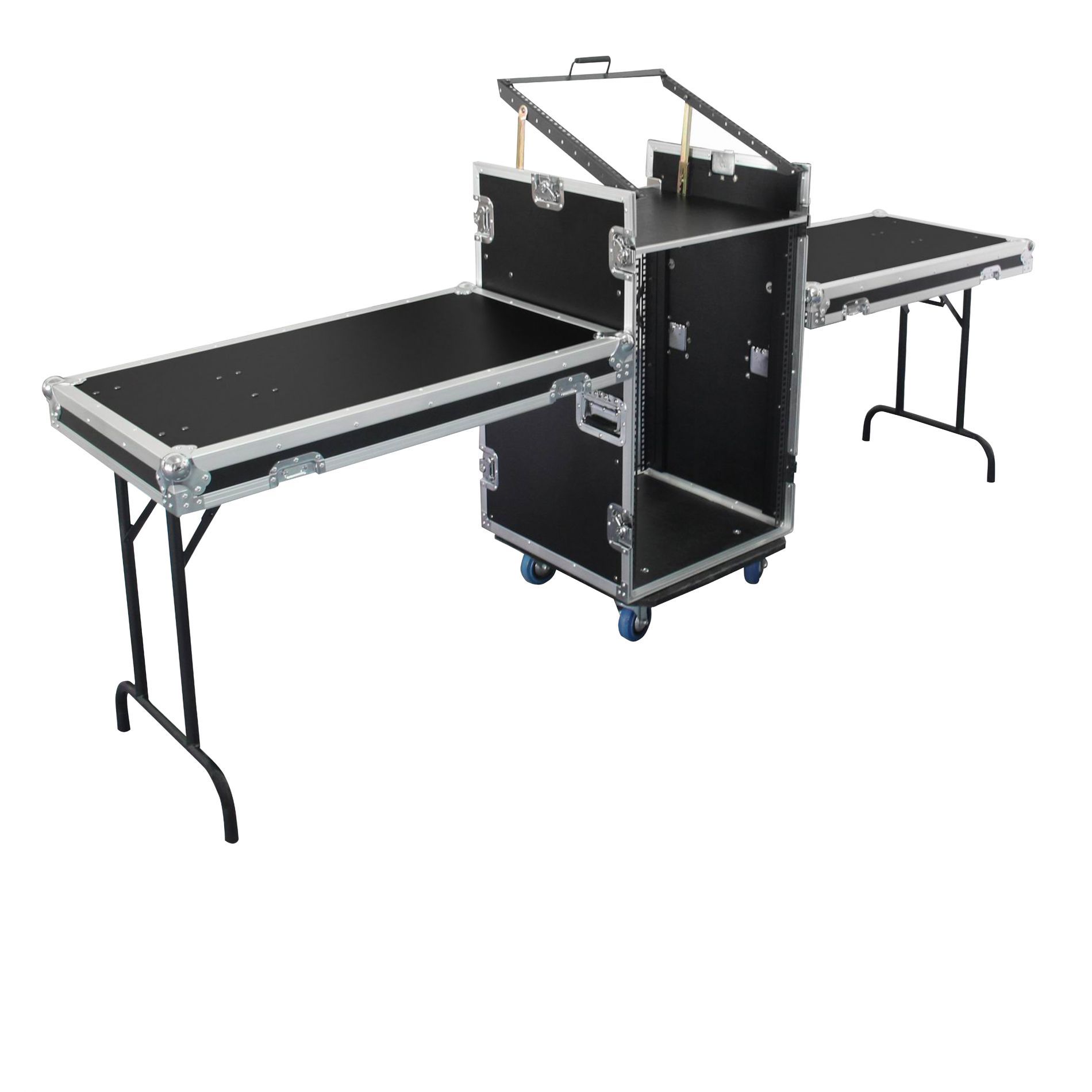 Flight dj Power acoustics Flight case 12U DS + 3U + 2 tablettes Power Acoustics Flight Cases Table pliante pour DJ DJ