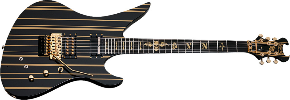 Schecter Synyster Custom-s 2h Seymour Duncan Sustainiac Fr Eb - Black W/ Gold Stripes - Guitare Électrique Signature - Main picture