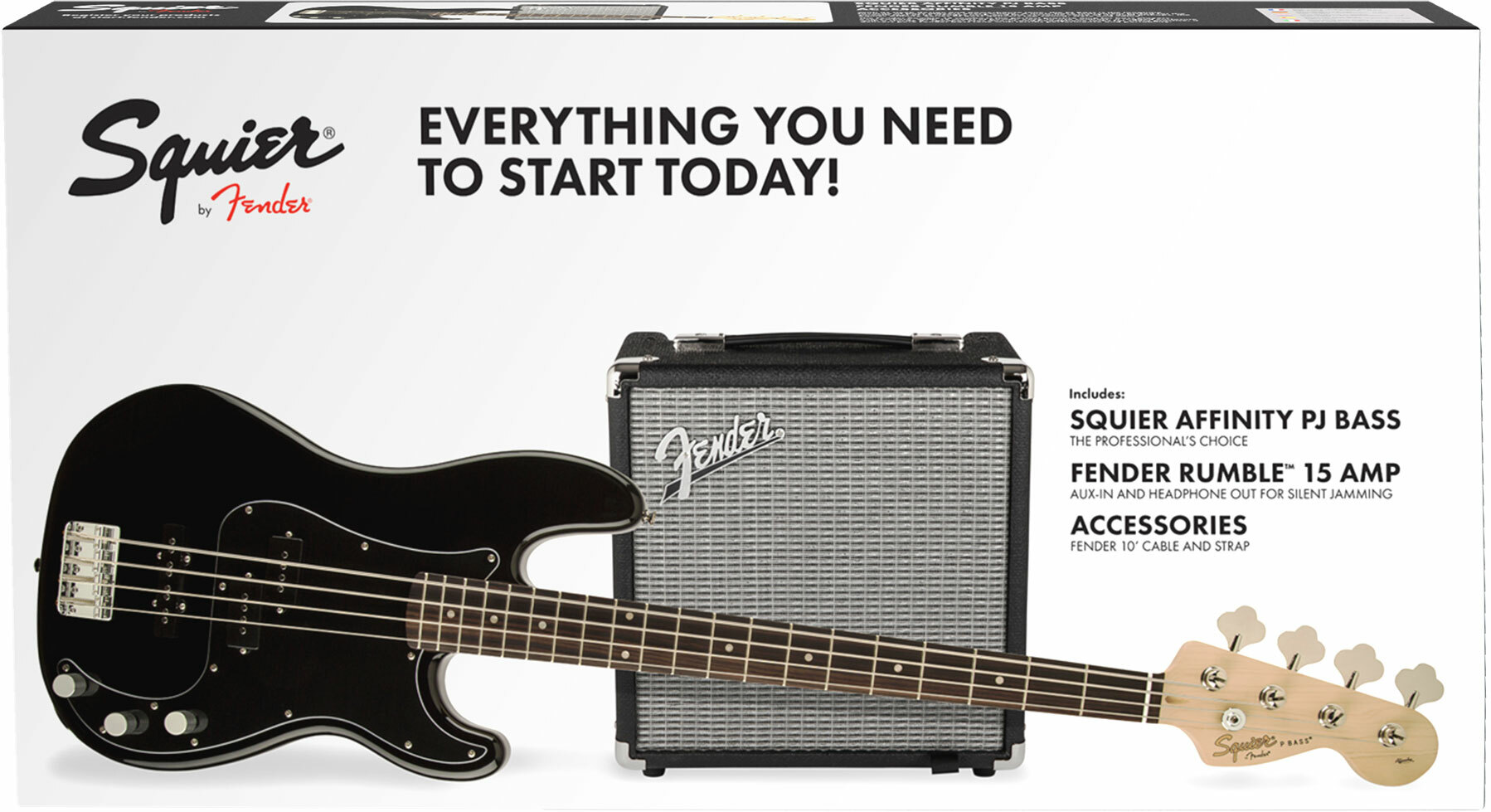 Squier Precision Bass Pj Affinity Series +fender Rumble 15 V3 Uk Lau - Black - Pack Basse Electrique - Main picture