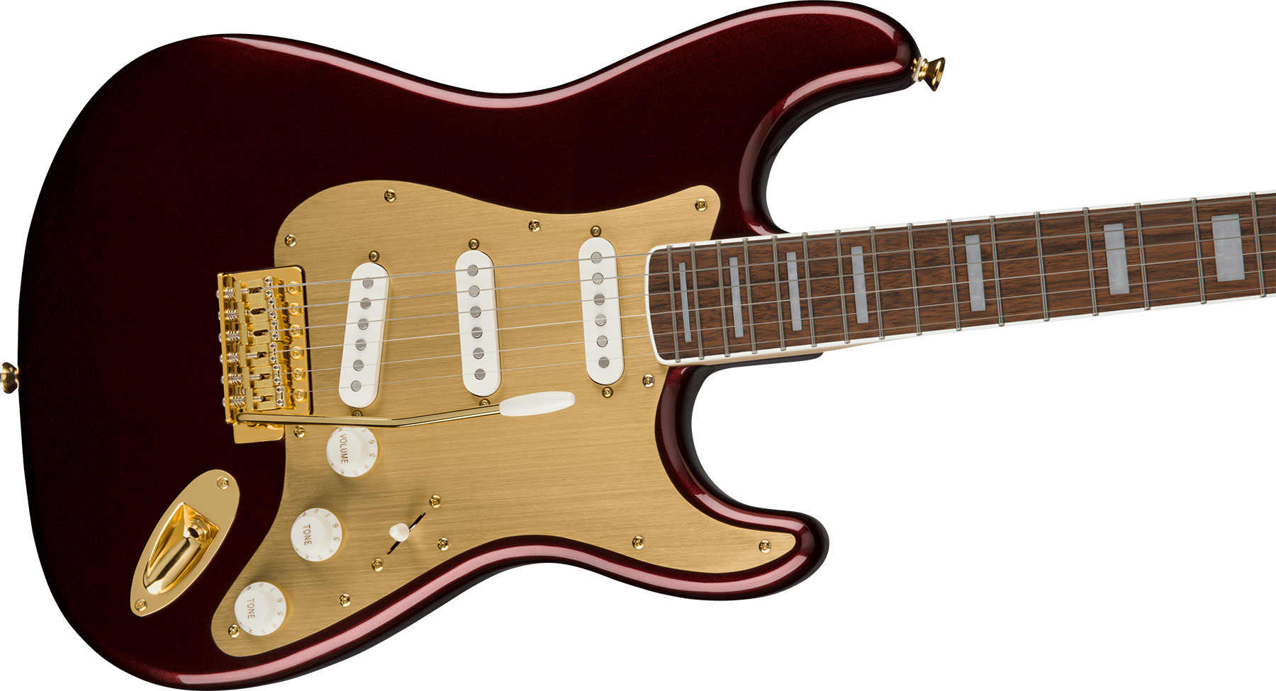 Squier Strat 40th Anniversary Gold Edition Lau - Ruby Red Metallic - Guitare Électrique Forme Str - Variation 2
