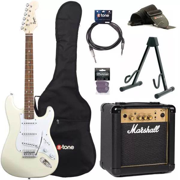 Pack guitare électrique Squier Strat Bullet SSS + Marshall MG10G + access X-Tone - Arctic white