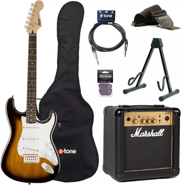 Pack guitare électrique Squier Strat Bullet SSS + Marshall MG10G + access X-Tone - Brown sunburst