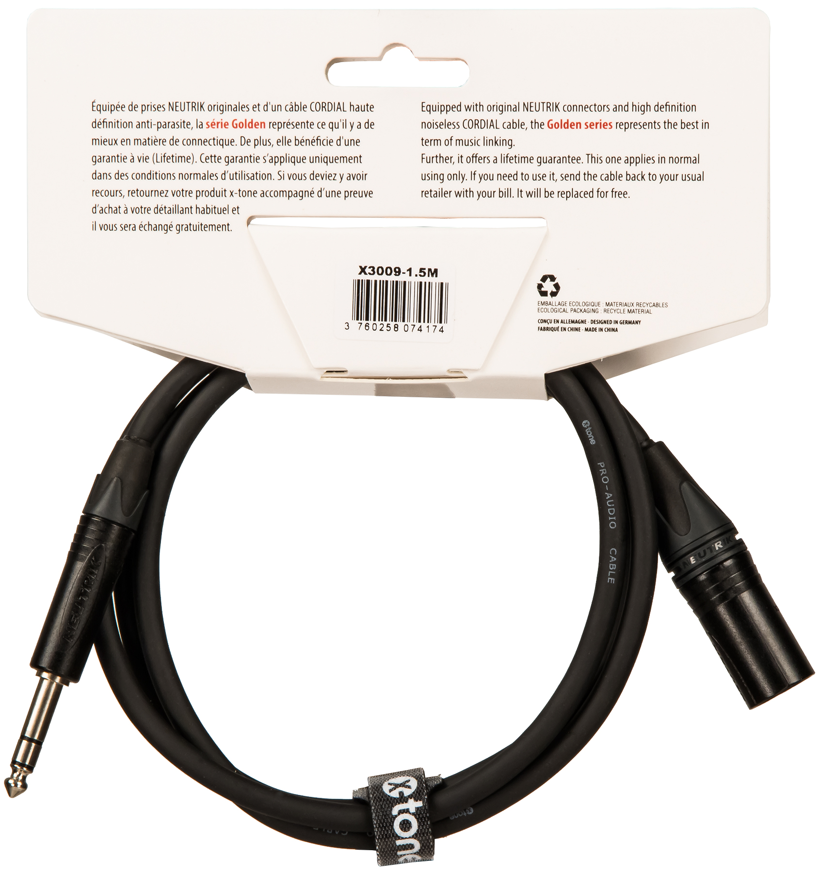 X-tone X3009-1.5m Cable Golden Series Neutrik Xlr(m) / Jack(m) 6,35 Trs - CÂble - Variation 1