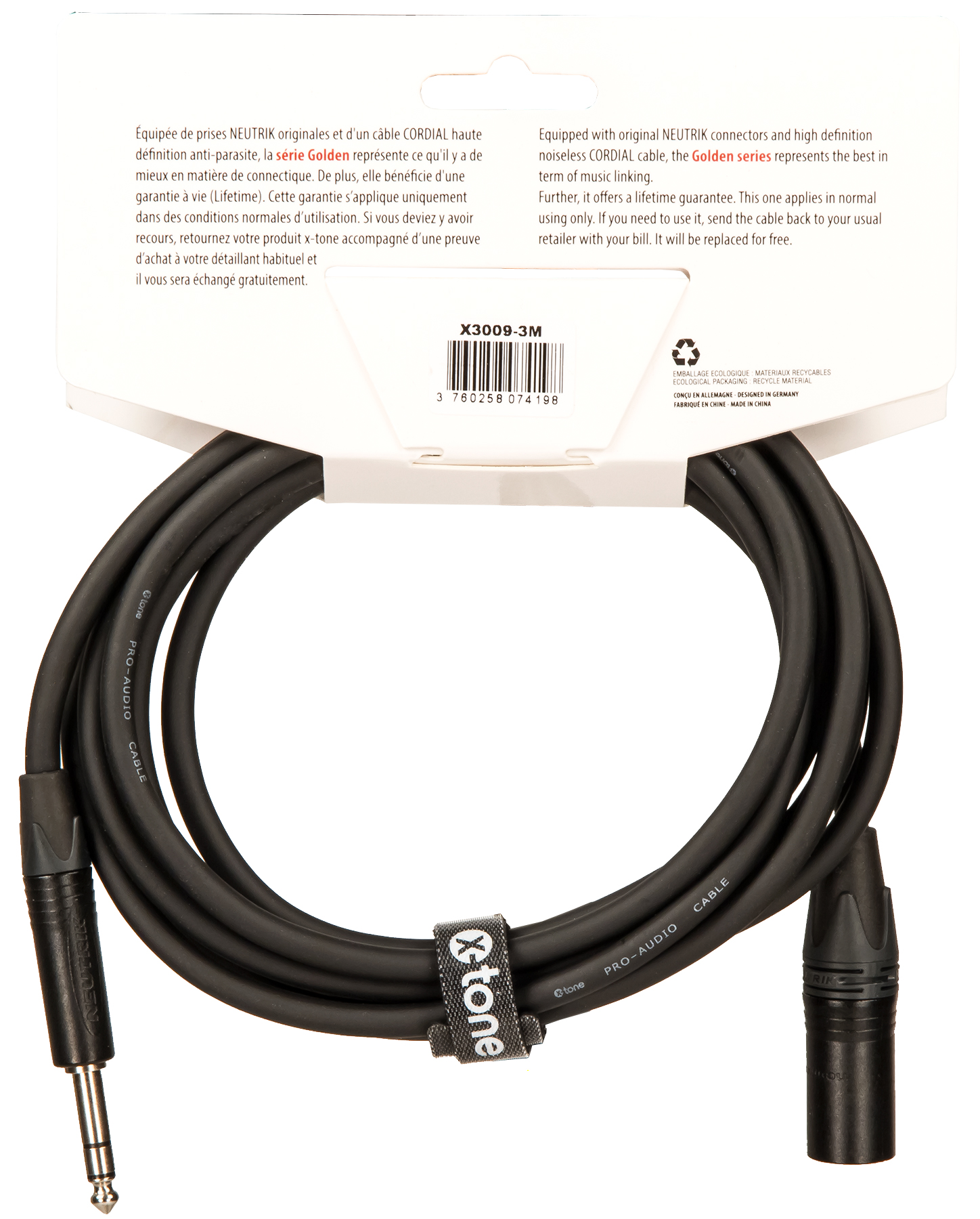 X-tone X3009-3m Cable Golden Series Neutrik Xlr(m) / Jack(m) 6,35 Trs - CÂble - Variation 1