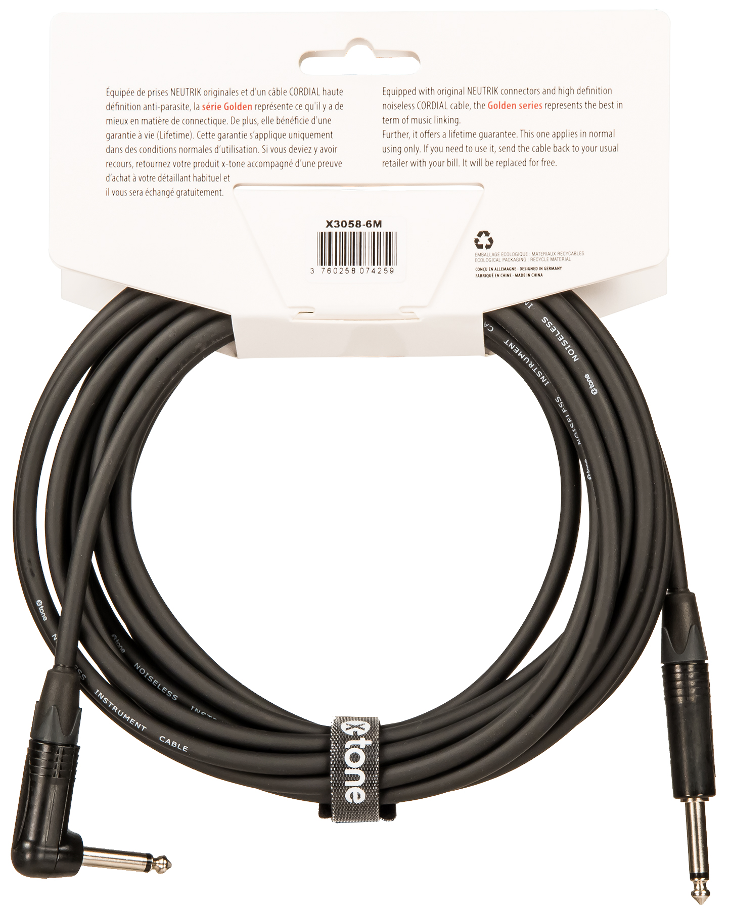X-tone X3058-6m Instrument Cable Golden Series Neutrik Droit/coude 6m - CÂble - Variation 2