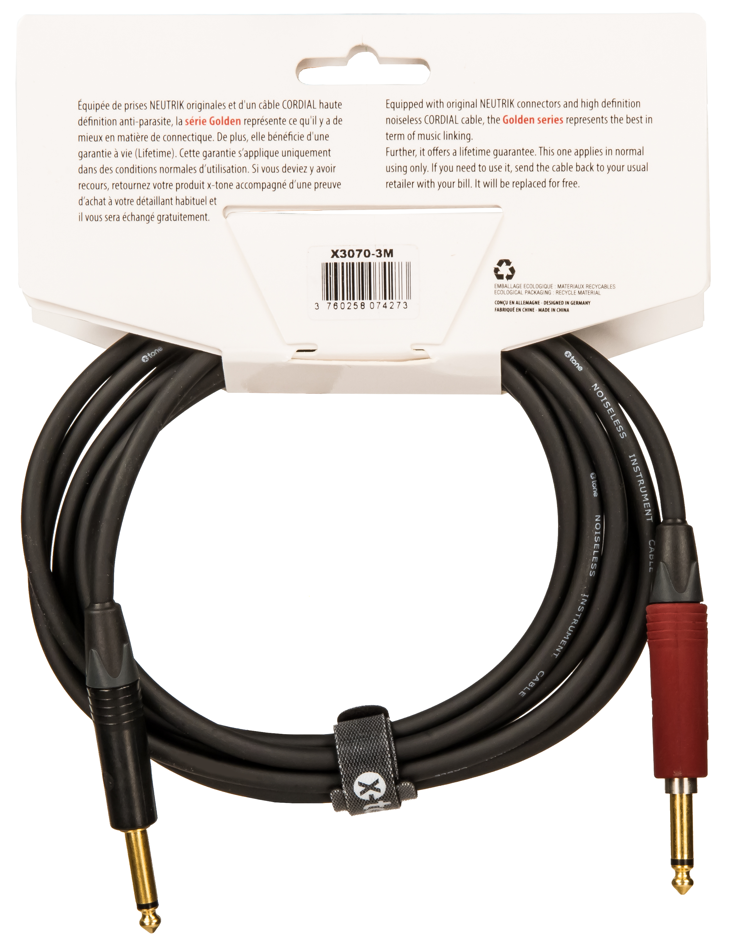 X-tone X3070-3m Instrument Cable Golden Neutrik Silent Droit/droit 3m - CÂble - Variation 1