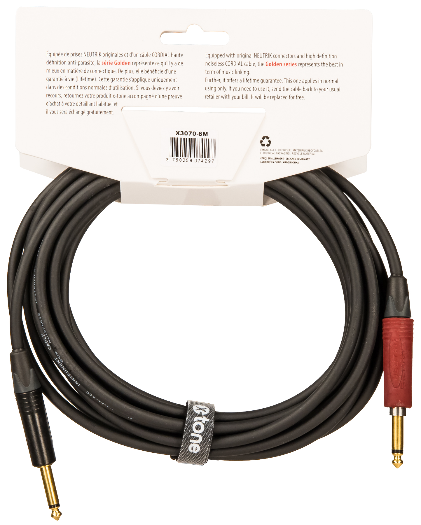 X-tone X3070-6m Instrument Cable Golden Neutrik Silent Droit/droit 6m - CÂble - Variation 1