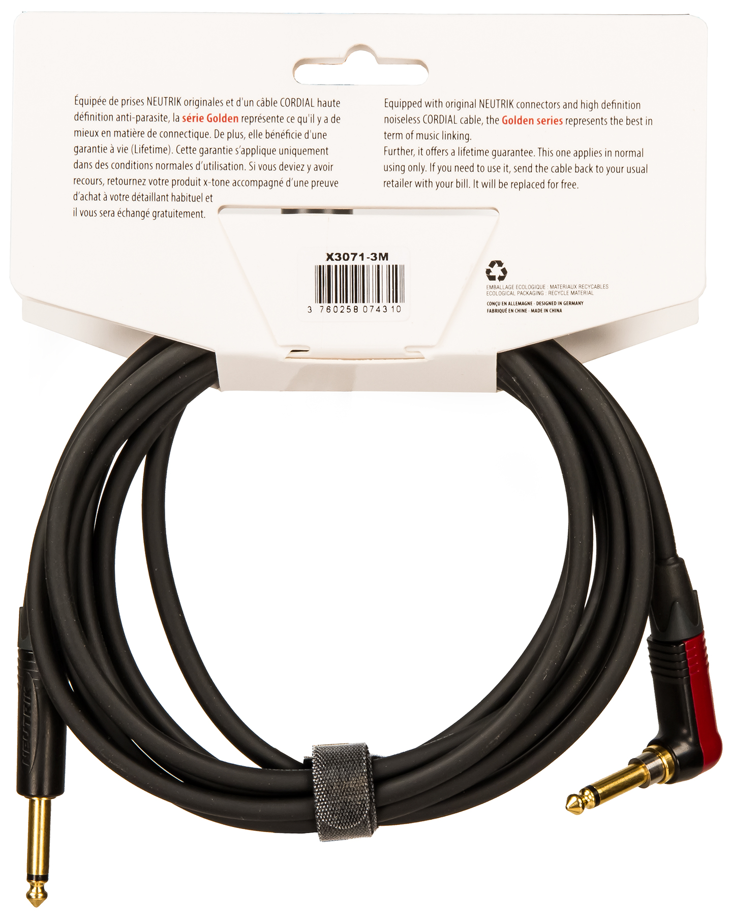 X-tone X3071-3 Instrument Cable Golden Neutrik Silent Droit/coude 3m - CÂble - Variation 1