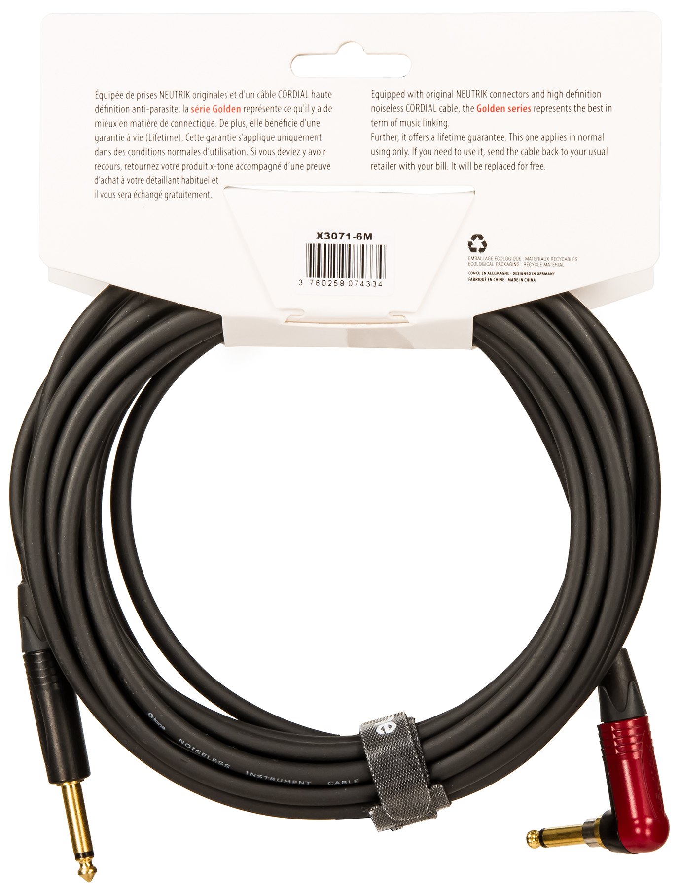 X-tone X3071-6m Instrument Cable Golden Neutrik Silent Droit/coude 6m - CÂble - Variation 1